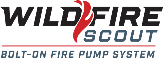 Logo of Wildfire Scout featuring a stylized flame with the tagline "ASAP Bolt-On Fire Pump System.