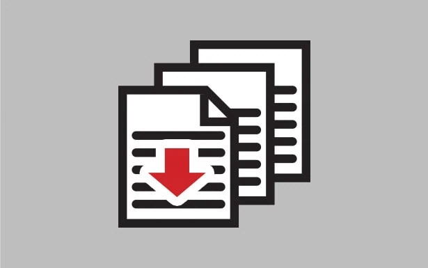 A set of three stacked documents features a red arrow pointing downward on the front page, signaling an immediate download needed ASAP.