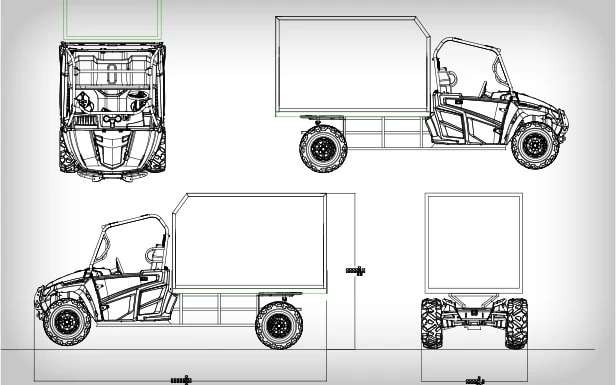 Technical drawing of an all-terrain vehicle with a boxy cargo compartment, shown from front, side, and back views. Please provide feedback ASAP to ensure timely adjustments.
